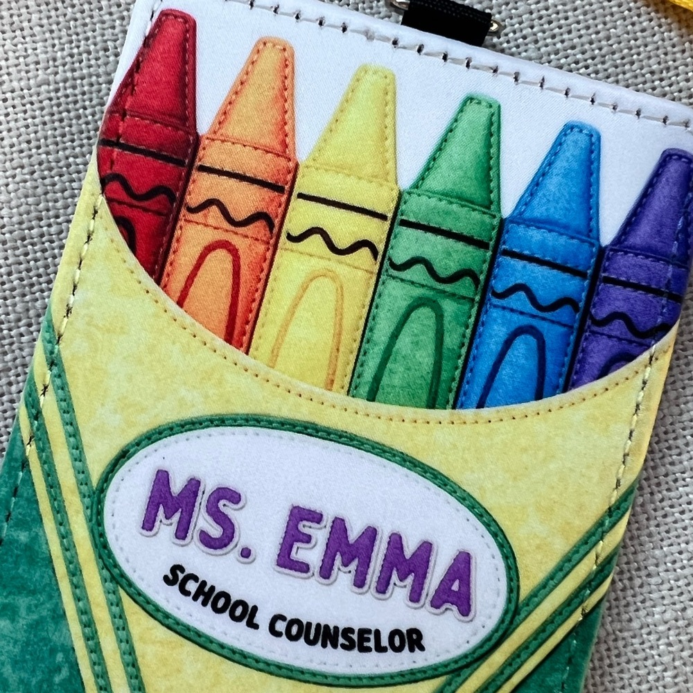 Personalized 'Ms. Emma' School Counselor Crayon Badge Holder - Rainbow Colors